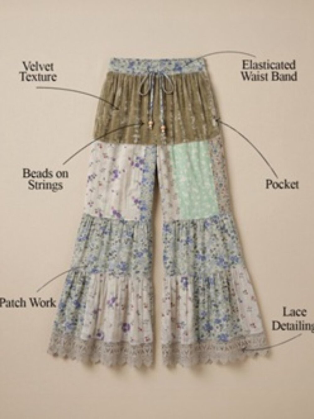 BOHO TIERED PATCHWORK FLARE VELVET PANTS-VELVET DRAWSTRING WAIST-FALL DROP - Picture 5 of 5